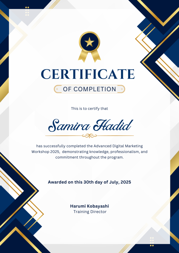 Blue White and Gold Modern Geometric Certificate of Completion