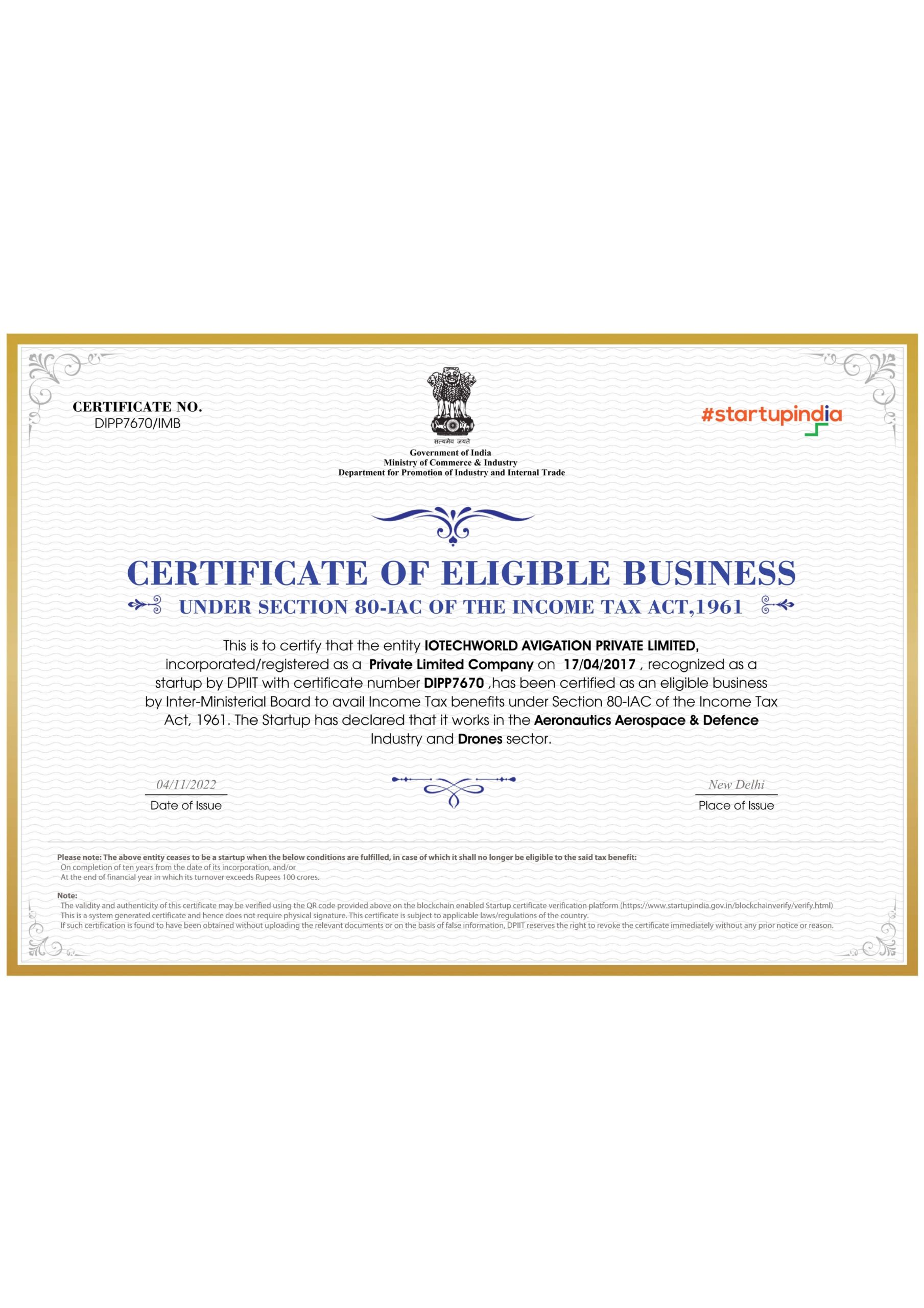 Certificate of Eligible Business